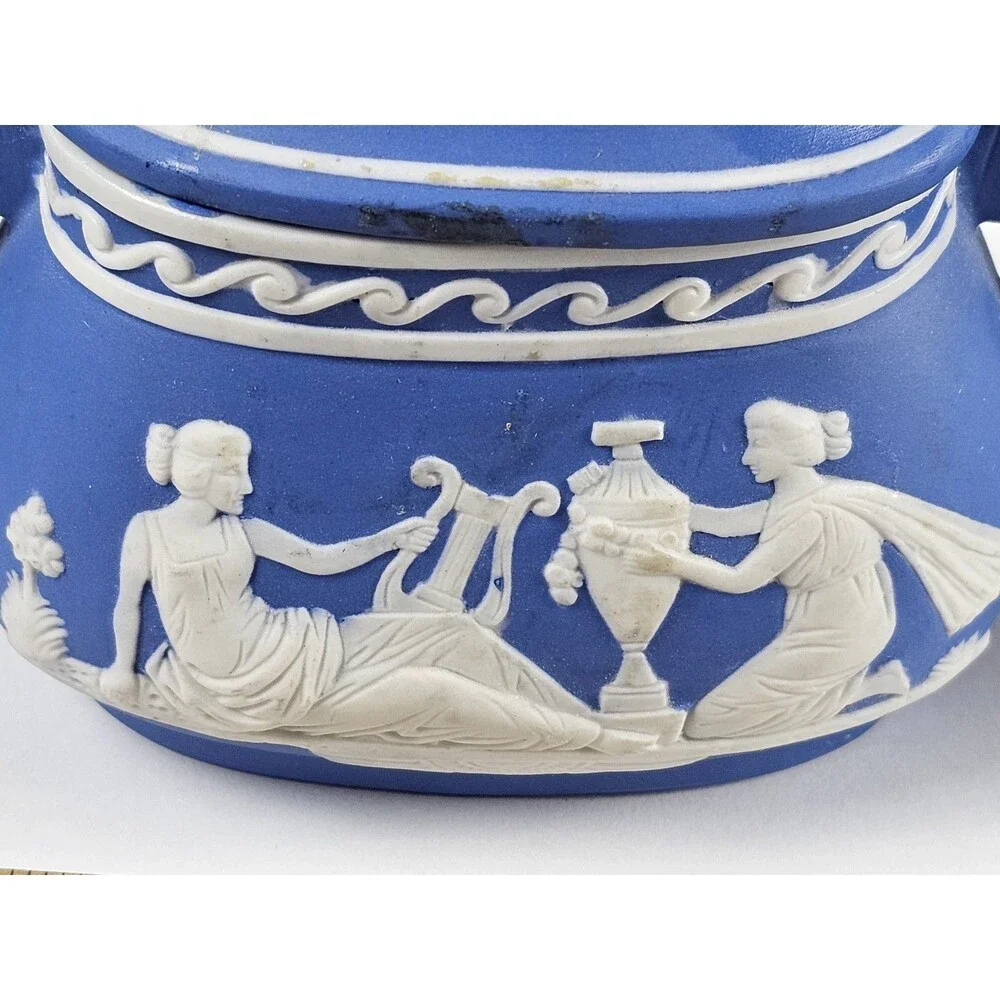 Jasperware Cream on Blue Oval Sugar Bowl w/ Lid & Oval Creamer w/ Handle Japan